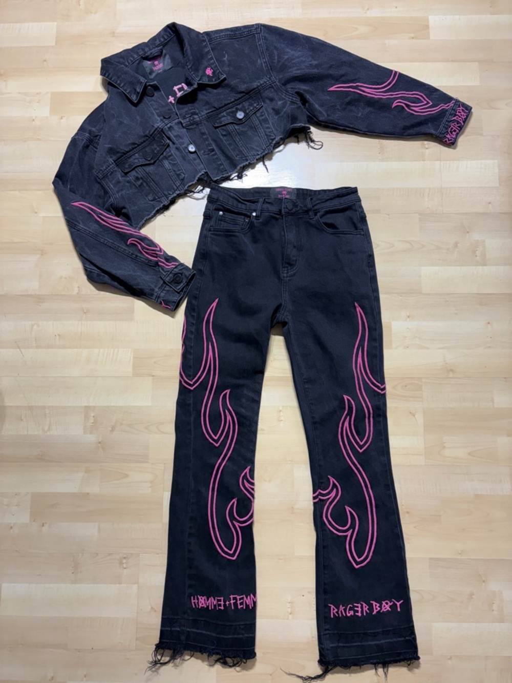 Black Jeans with Pink Flame Embroidery reworked fits like a woman’s M